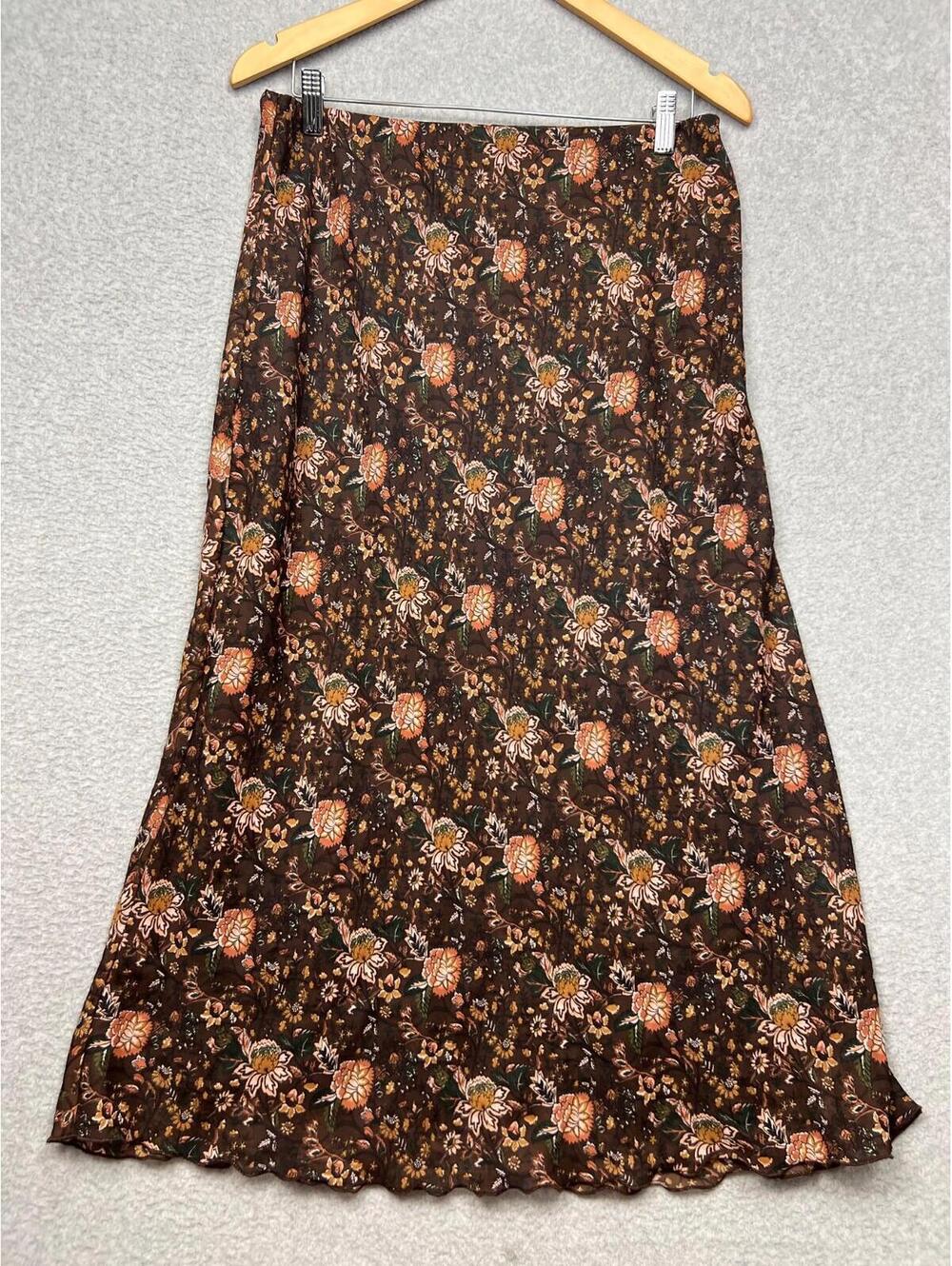 Vintage 70s KatieLee Maxi Skirt Women's 12 Floral Sheer Brown Boho Cottagecore